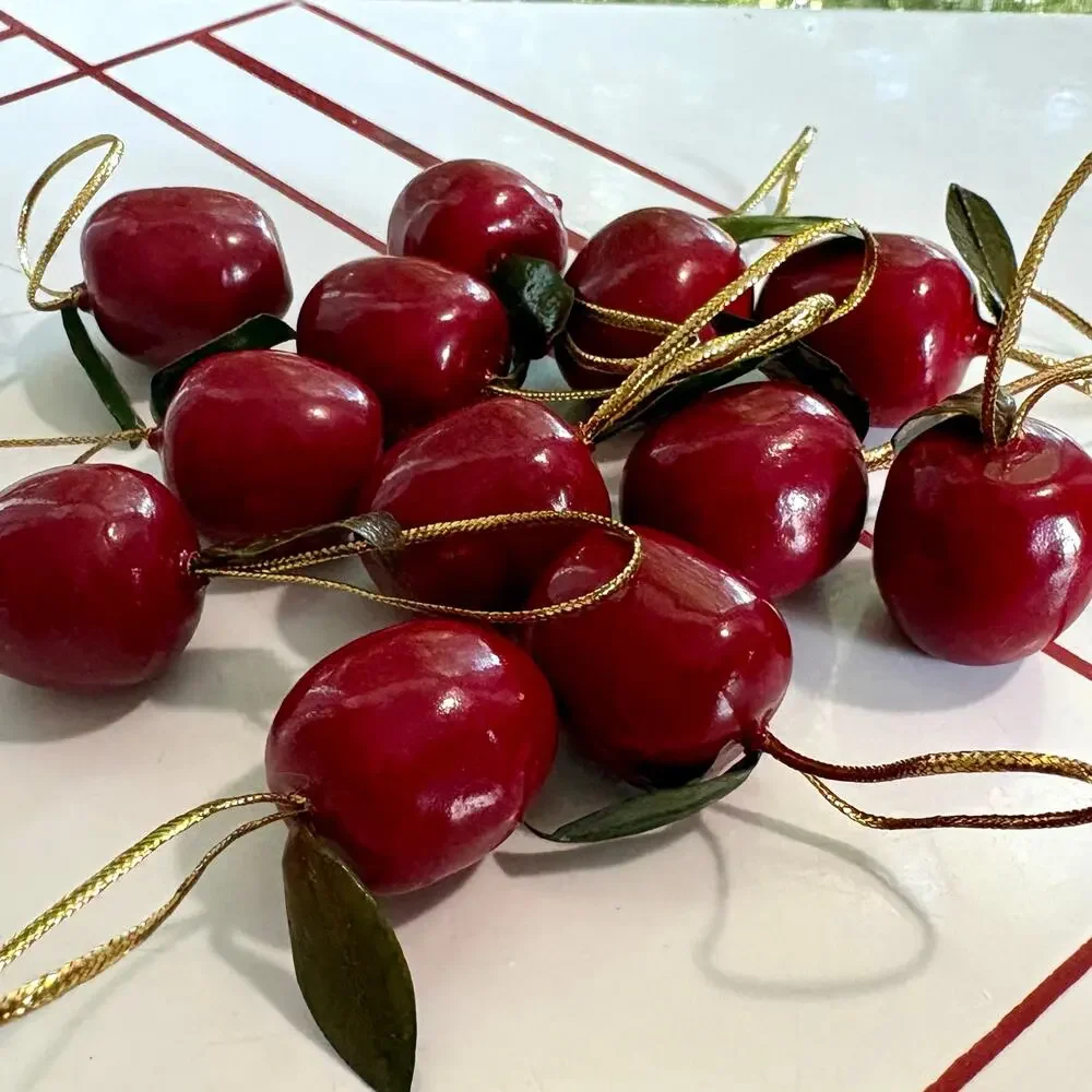 Set of 12 Wooden Apple Mini Christmas Ornaments Red Holiday Decor